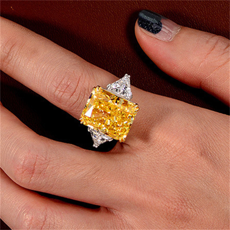 Luxury Geometric Big Square Stone Rings For Women Silver Color Charm Pink Yellow Zircon Wedding Bands Index Finger Party Jewelry