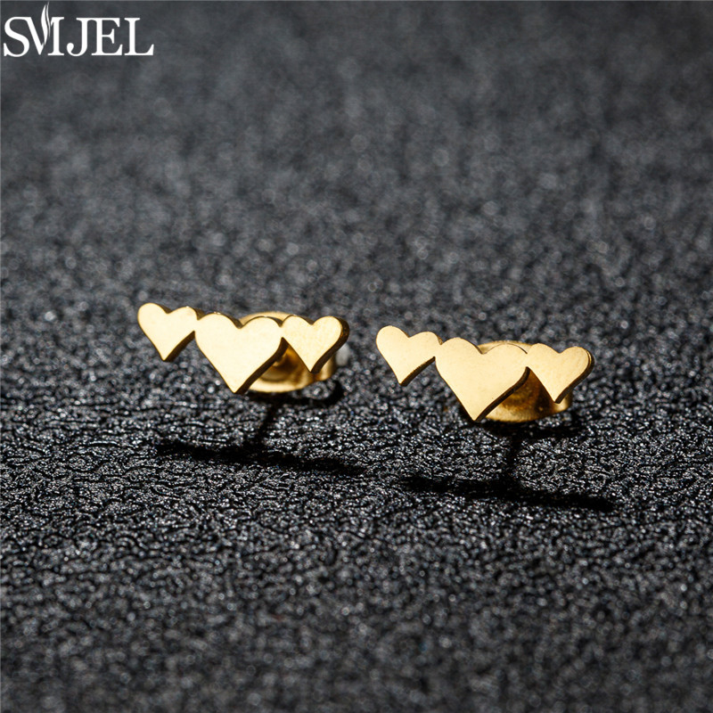 Mini Stainless Steel Triple Heart Stud Earrings for Women Gold Color Love Wedding Earings Romantic Ear Jewelry Pendientes Mujer