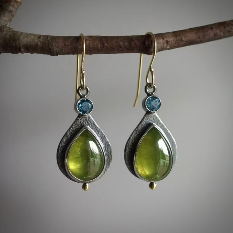 Boho-Chic Olive Green Cubic Zirconia Drop Earrings - Vintage Silver Color, Perfect for Weddings & Casual Attire