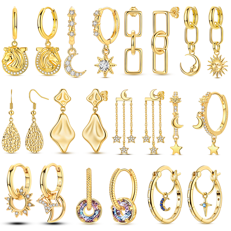 Original 925 Sterling Silver Earrings Golden Stars Moon Sun Tassel Drop Earrings Fashion Women DIY Making Jewelry