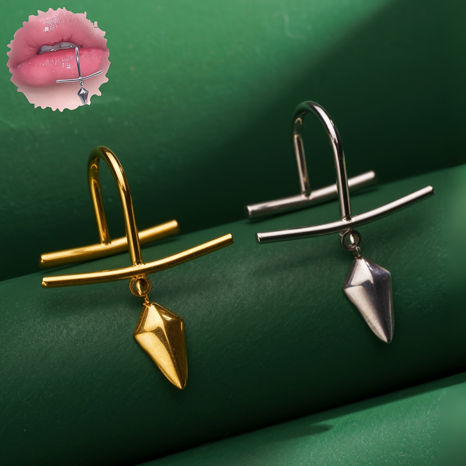 Fashionable Elegant Stainless Steel Golden/Silvery No-Piercing Lip Ring Clip with Rhombus Cone Pendant