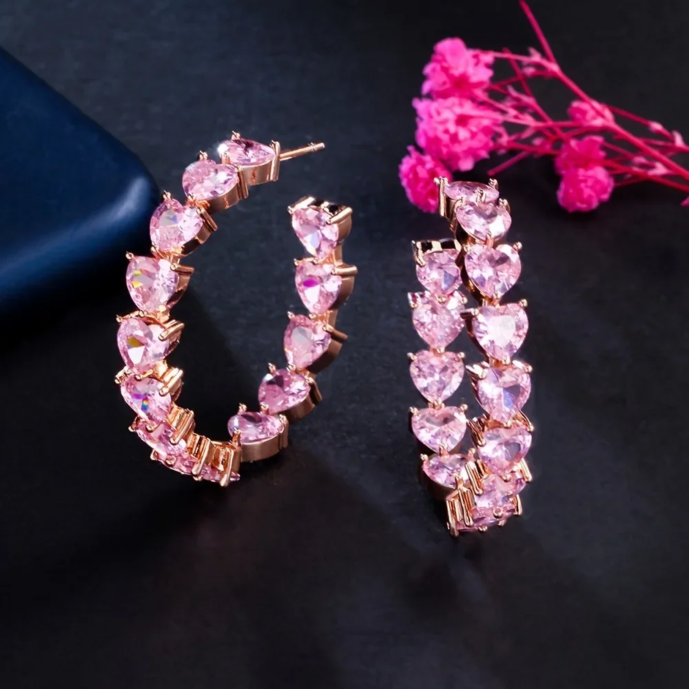 Valentine's Day 1 Pair Sparkling Cubic Zirconia Heart Shape C-Shape Hoop Earrings Stylish For Women And Girls
