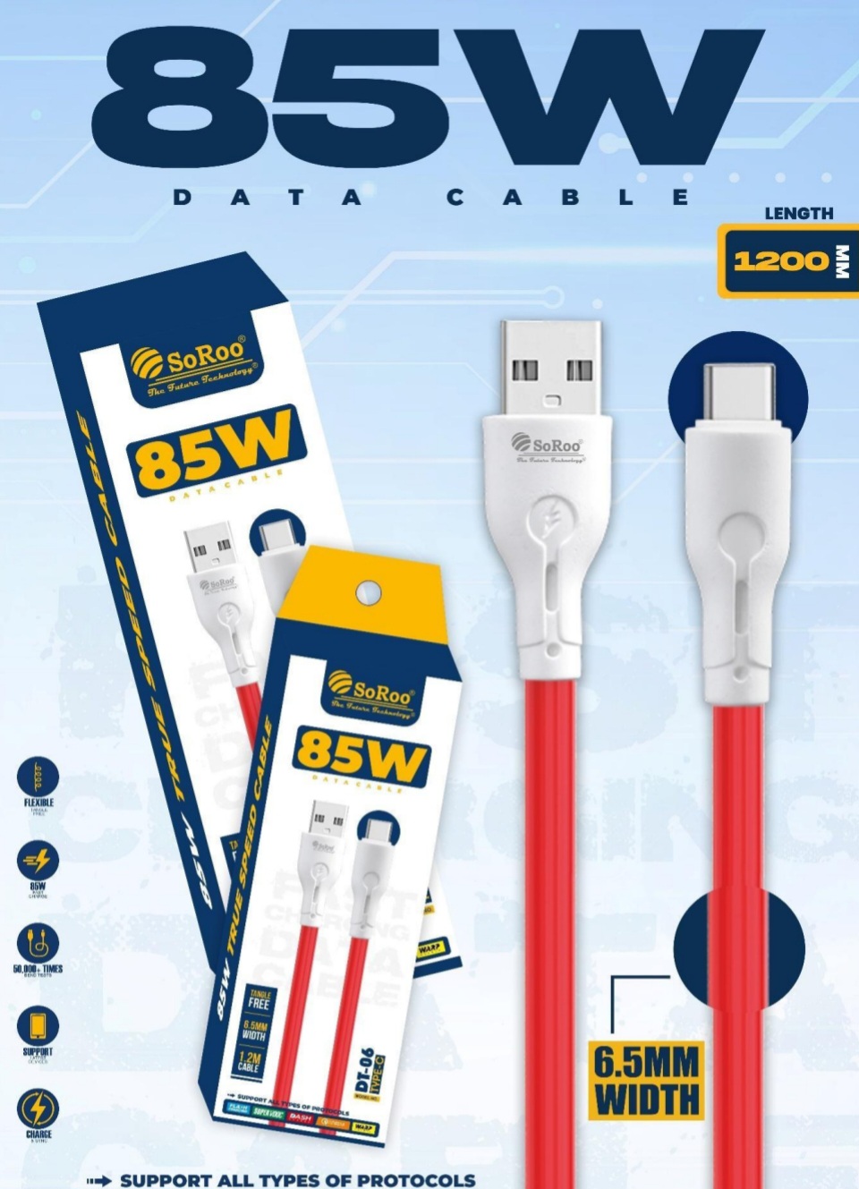 85W type c data cale 6.5MM width , 1.2M length DT-06 soroo the future technology.