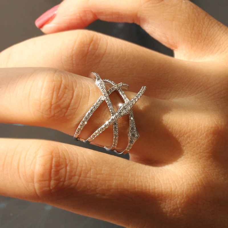 Huitan Special-interested Double Cross Design Finger Ring Women Luxury Paved Shiny Cubic Zirconia Modern Fashion Wedding Jewelry