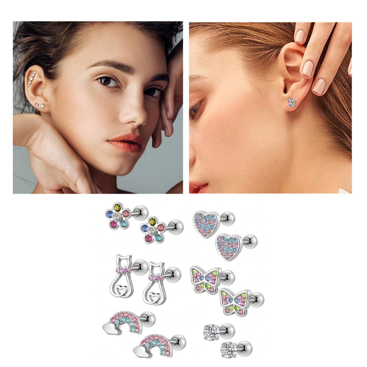 2 pcs of perfect hypoallergenic 20G stainless steel female stud earrings, exquisite CZ cartilage, cute butterfly rainbow cat