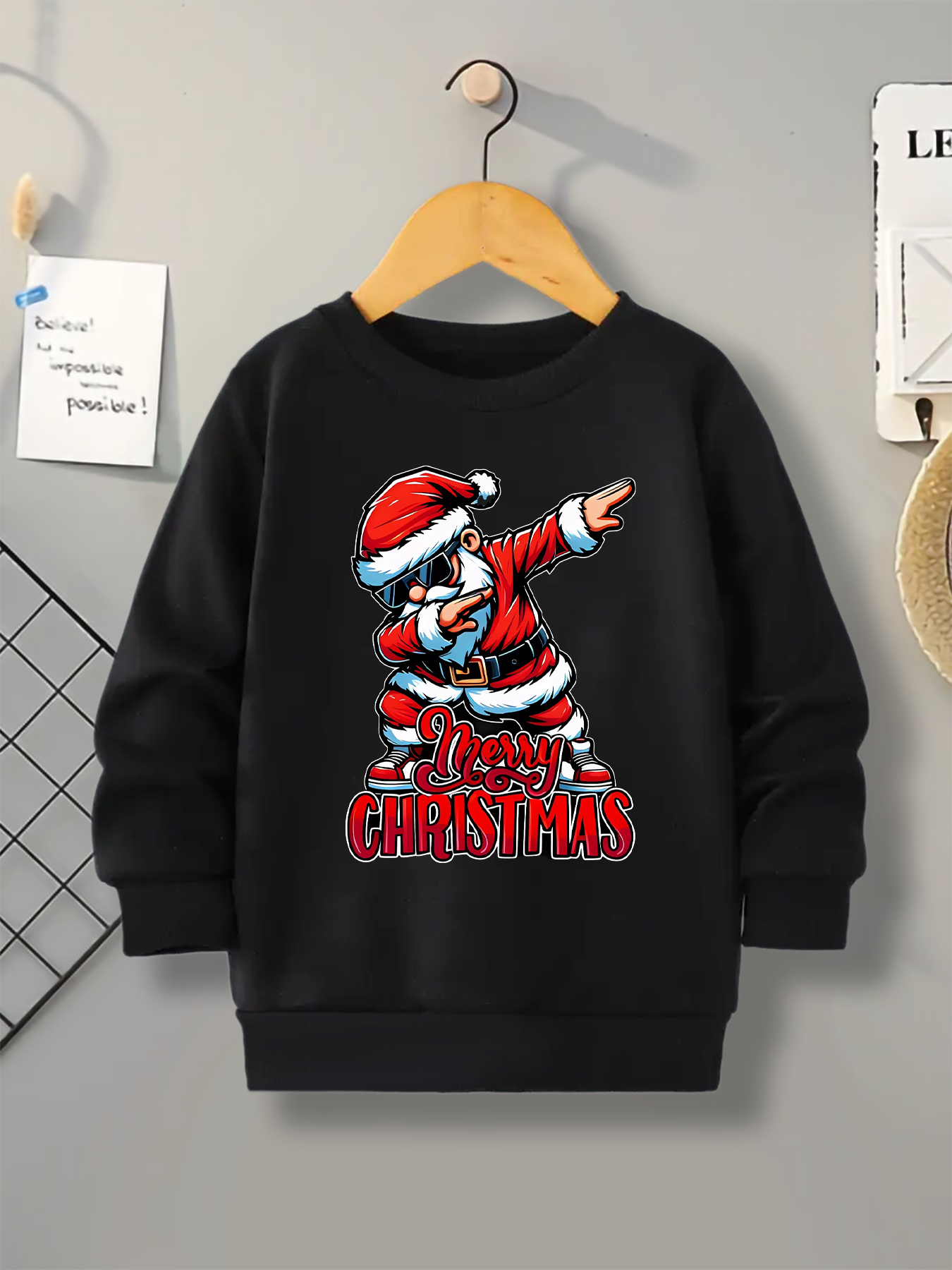 Boys' Fashionable Black Round-Neck Hoodie, Santa Claus Pose Print Casual Top, Children's Trendy Sporty Pullover