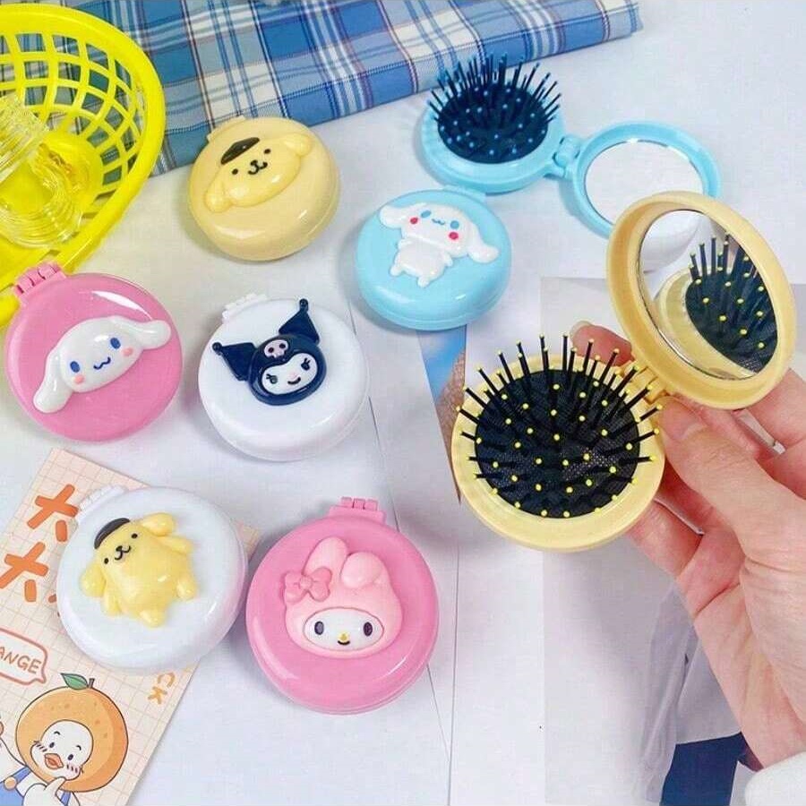 1PC Hello kitty Kuromi My melody cute cartoon foldable comb mirror one-piece creative student portable dormitory make-up