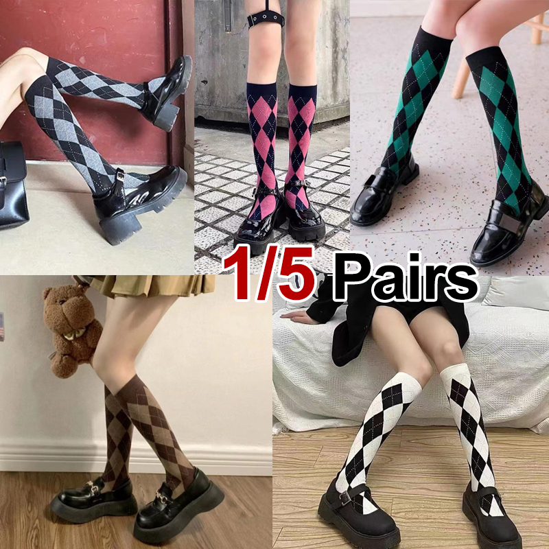 1/5 Pairs Autumn Winter Women diamond patterned Knitted calf socks Fashionable Retro College Style Warm Comfortable Casual Socks