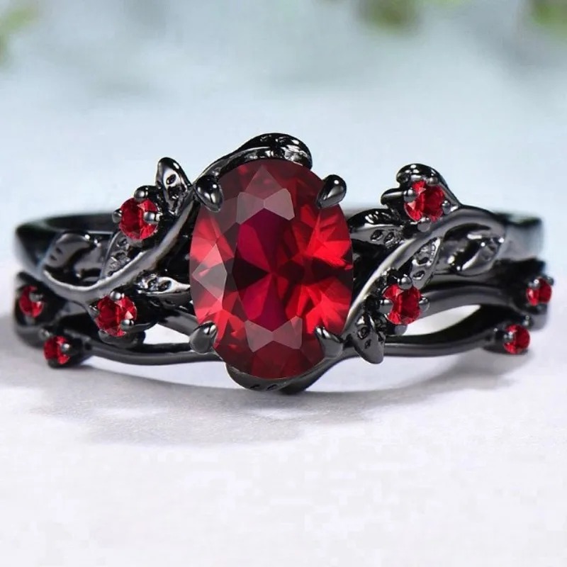 1PC Exquisite Black Color Round Flower Red Stone Rings for Women Jewelry Anniversary Rings