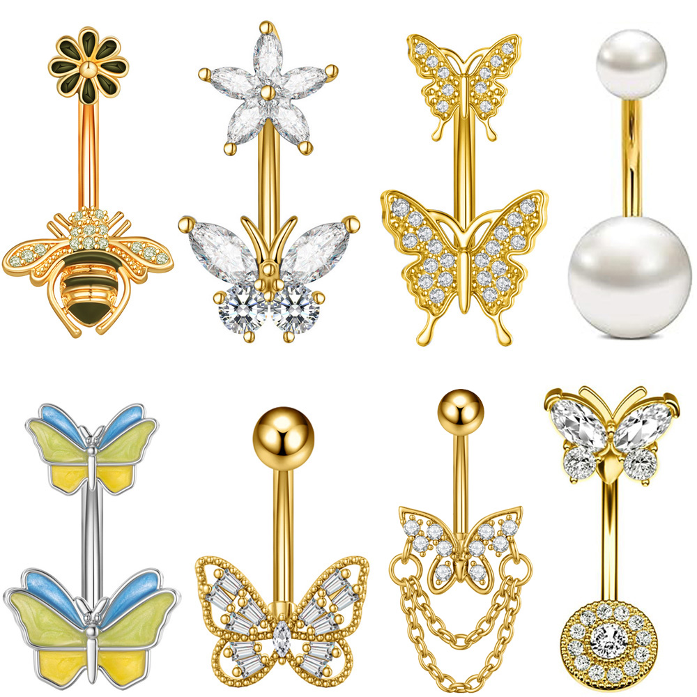 1PC Gold Color Crystals CZ Belly Piercing Ombligo Butterfly Bee Stainless Steel Curved Navel Ring 14G Dangled Belly Button Rings
