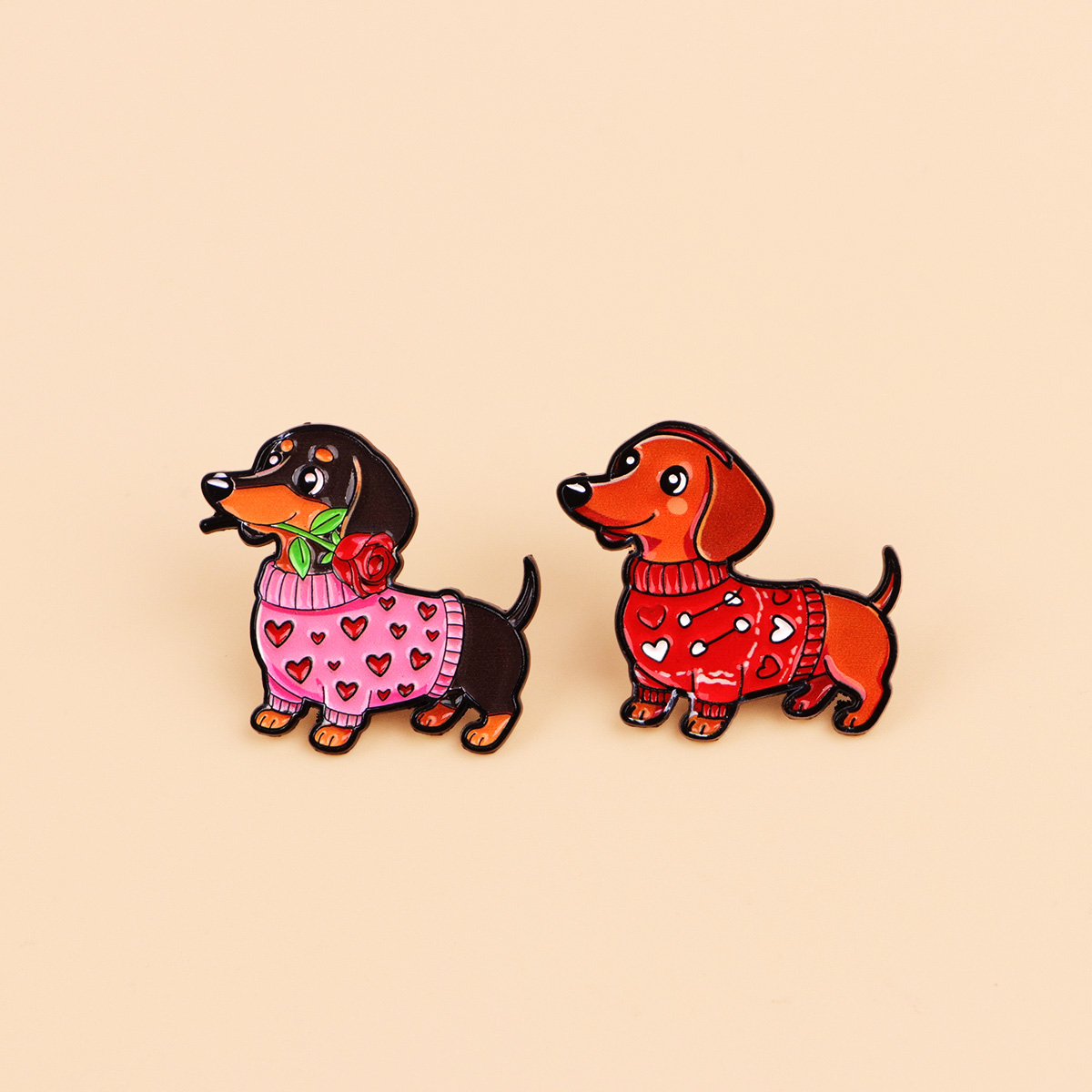 2pcs Valentine's Day Dachshund Enamel Pin Set Cute Cartoon Dog Brooch for Backpack Lapel Gift for Dog Lovers & Couples