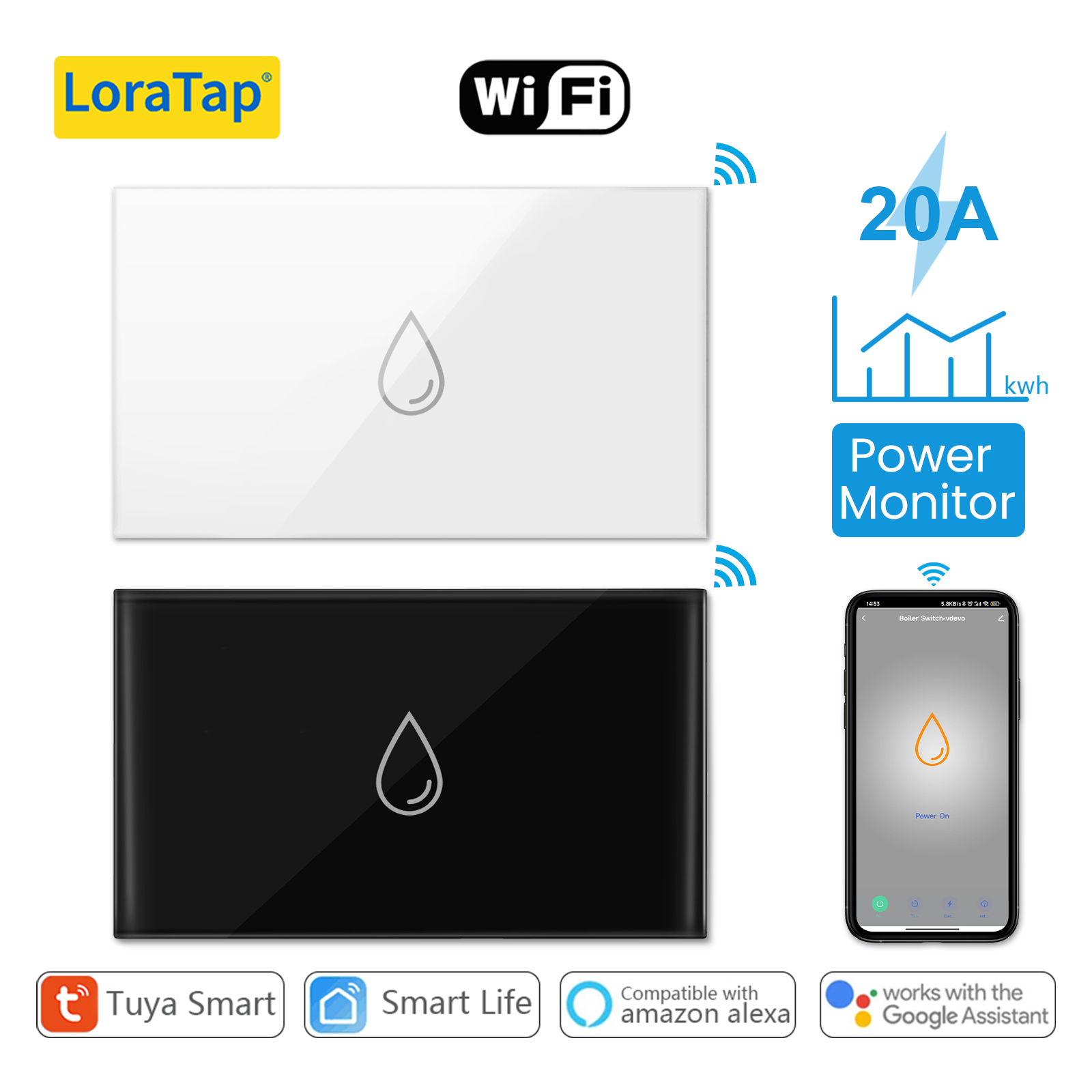 LoraTap Tuya Smart Life WiFi Boiler Water Heater Switch NEW 4400W, App Timer Schedule Voice Control Home , Alexa Echo Dot