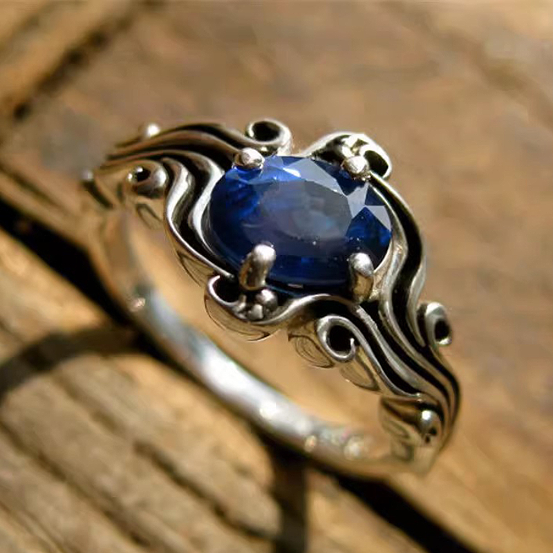 Huitan Inlaid Blue CZ Lady Rings Silver Color Vintage Wave Design for Party Holiday Daily Versatile Delicate Accessories Jewelry