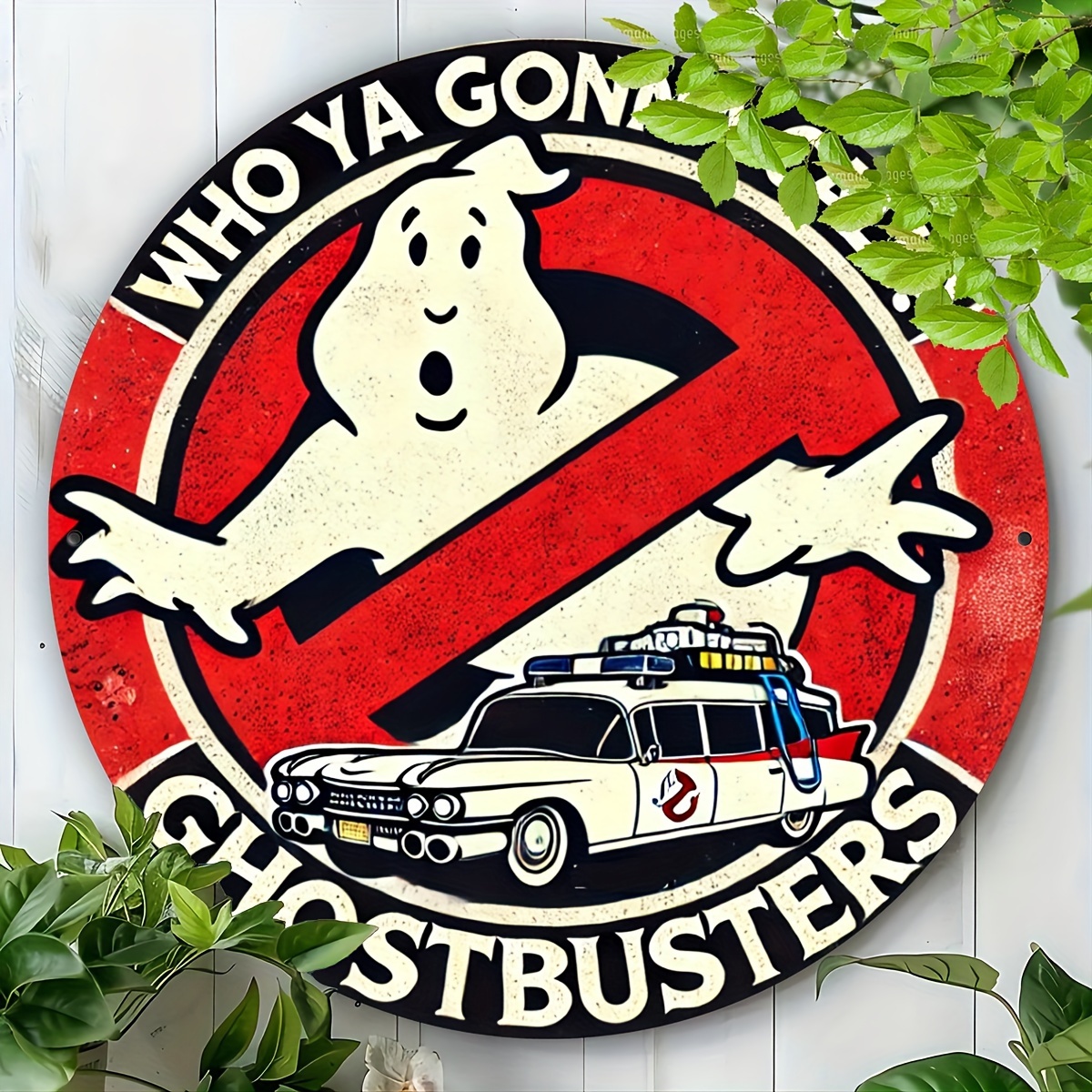 1pc Vintage Ghostbusters 8x8" Round Metal Wall Art - Retro Style Aluminum Sign with Ecto-1 & "Who Ya Gonna Call?" Text - Easy to