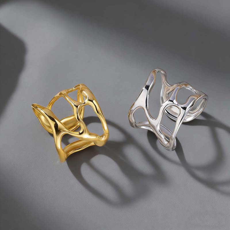 Stainless Steel Metal Lava Rings for Women Girls Fashion Gold Color Hollow Wide Adjustable Finger Rings Y2K Jewelry 2026 Trend