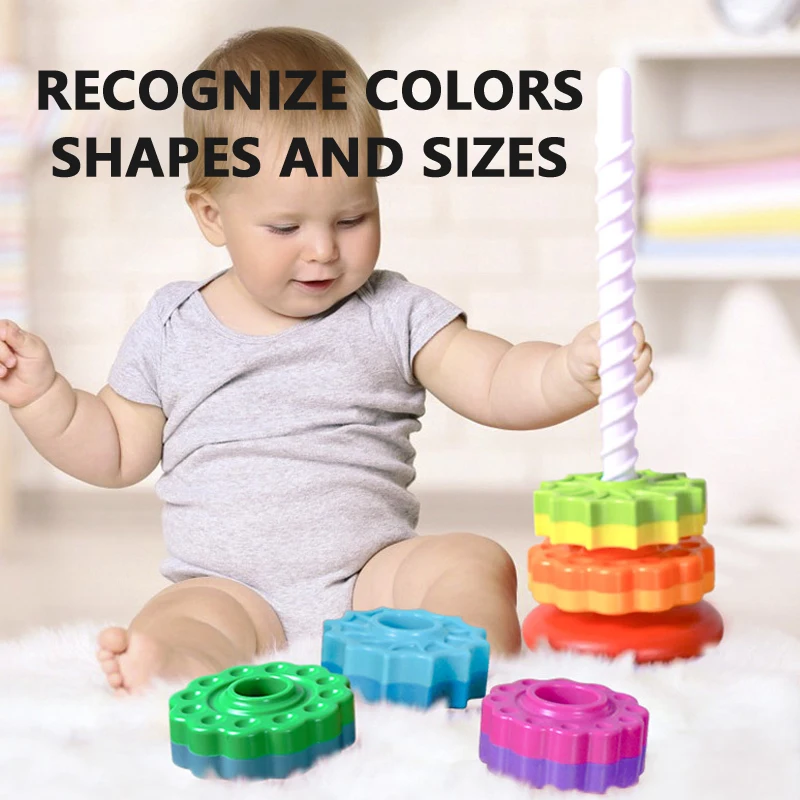 Spinning Rainbow Tower Gear Stacking Rings Montessori Early Educational Puzzle Toy 5/6 Tier Toddler 3+
