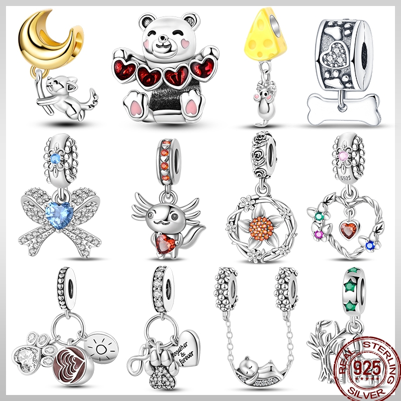 New 925 Sterling Silver Blue Bow Pet Cute Bear Shiny Zircon Beads Suitable Fit Pan Original Bracelet Diy Gift Jewelry