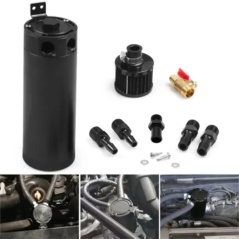 Universal 2-Port 750ML Aluminum Alloy Oil Catch Can - Gas Recovery Pot with Oil Drain Valve Baffled Separator Tank Kit