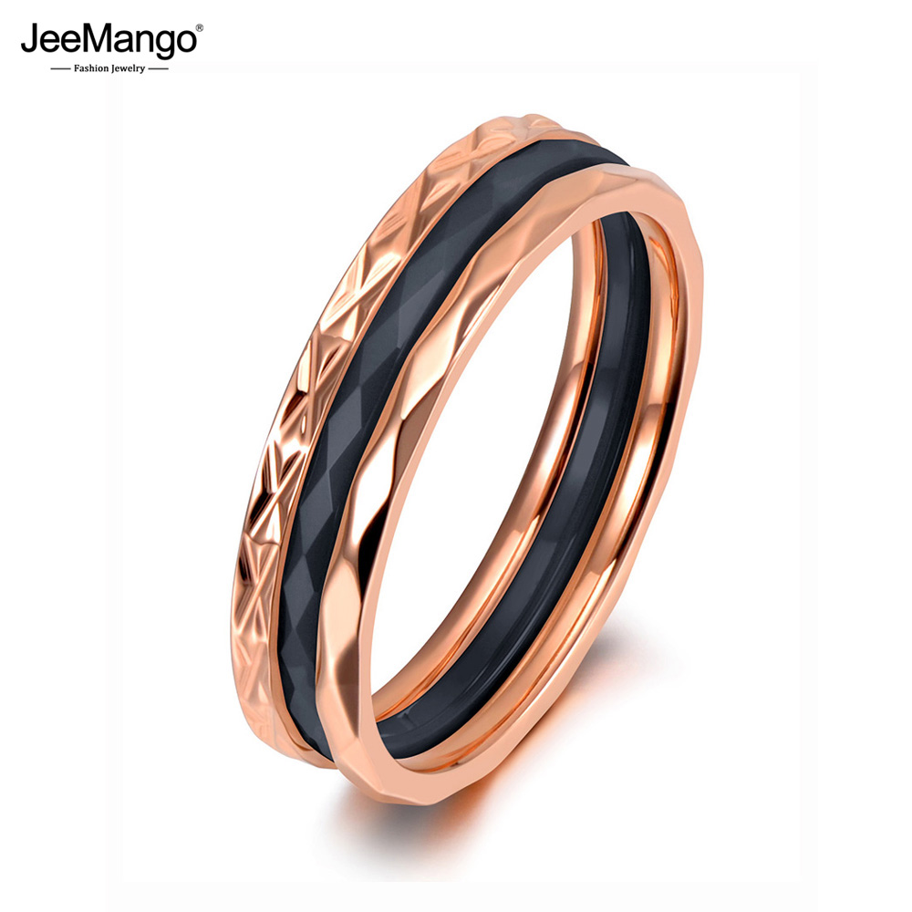 JeeMango Design Titanium Steel White/Black Cut Ceramic Ring Jewelry Rose Gold Color Wedding Engagement Ring For Women JR19135