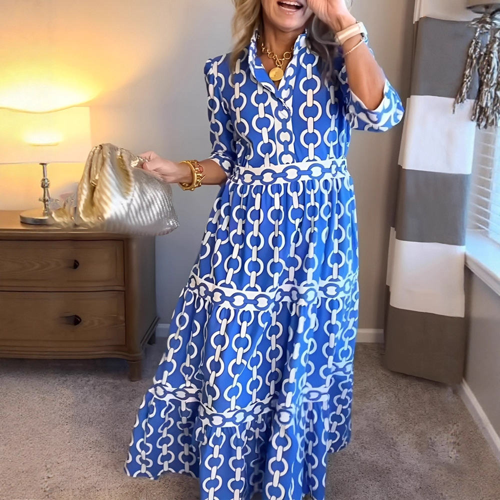 2026 European and American Cross-border Foreign Trade Spring and Summer Geometric Print V-neck Slim Fit Long Dress