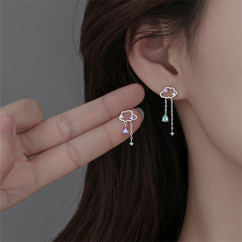 Korean Cute Hollow Cloud Rain Stud Earrings For Women New Fashion Asymmetric Purple Crystal Zircon Tassel Earring Simple Jewelry