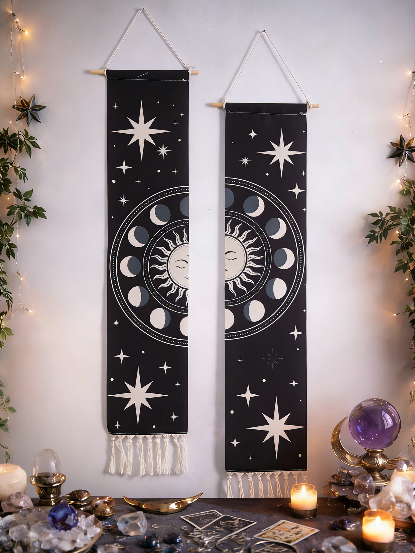 Boho Sun Moon Phase Tapestry - Celestial Star Tassel Wall Hanging, Black and White Witchy Wall Art for Bedroom, Living Room