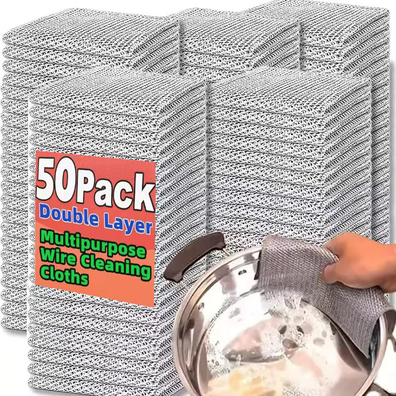 10pcs Magic Dishcloth Silver Wire Cleaning Kitchen Cloth Thickened Microfiber Wash Towel Built-in Sponge Steel Wire Ball Rag