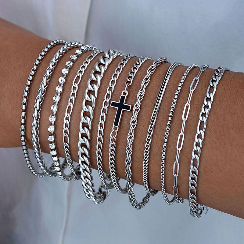 Simple Stylish Punk Hip-Hop Stainless Steel Cross Rhinestones Chain Bracelet Set for Men Women Vacation Date Casual Jewelry Gift