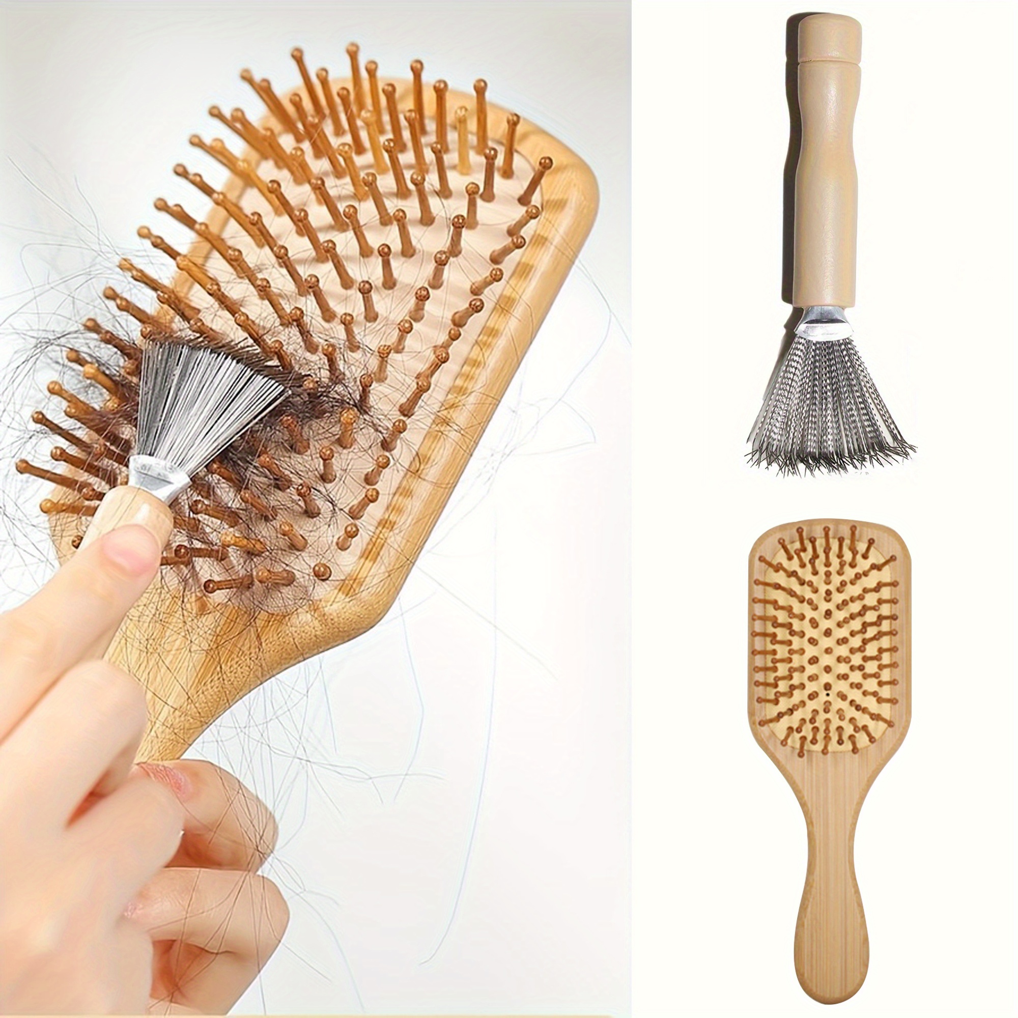 1PC Hair Brush Cleaner and 1PC Hair Comb Set, Stainless Steel Toothed Wooden Handle Hair Brush Cleaner, Bamboo Massage Comb