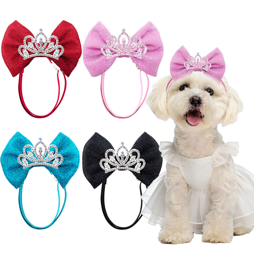 1PC Diamonds Dog Hair Bows Elastic Bands Crown Shape Luxury Adjustable Dog Bows Pet Photo Decoration Small Dog Head Bows