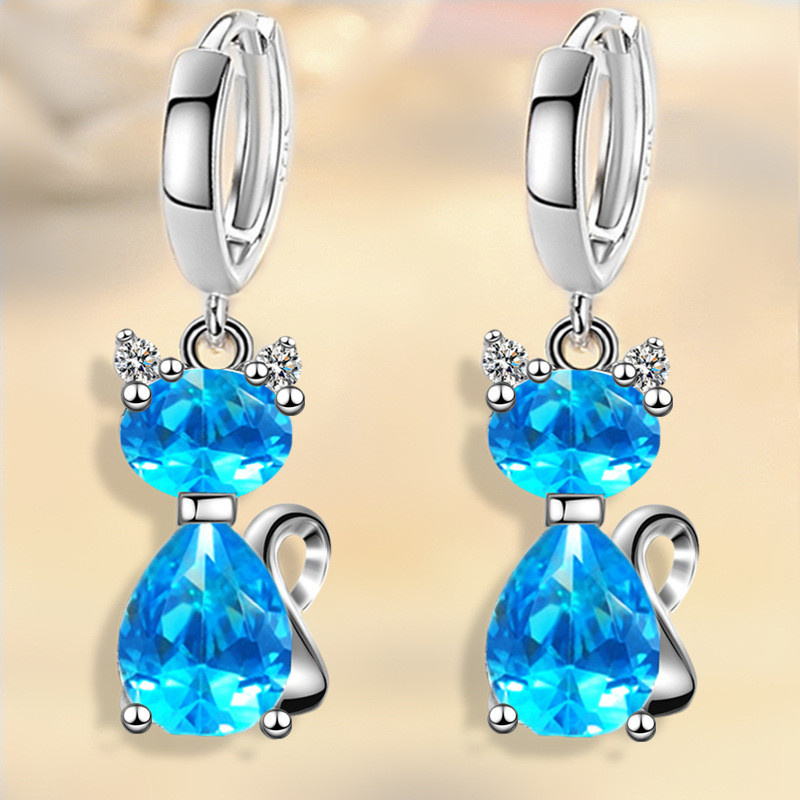 Aqua Blue Pink White Zircon Animal Earring Female Cute Small Cat Hoop Earrings For Women Trendy Silver Color Bridal Jewelry
