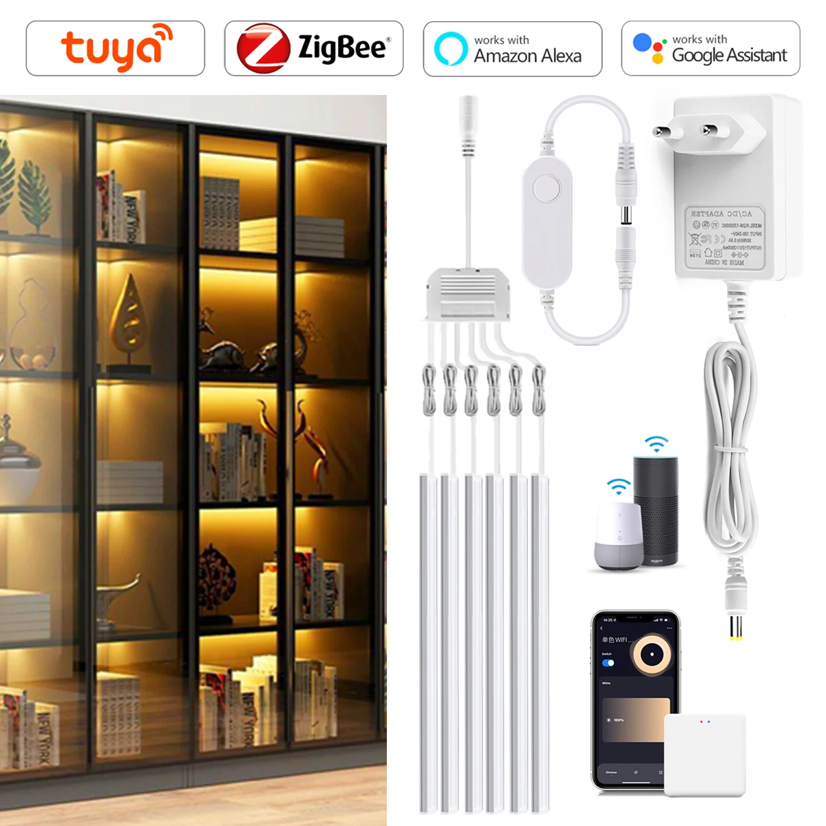 2/3/5 Piece Zigbee 3.0 Tuya LED Cabinet Light Bar Kit or Multi-level Storage Cabinet 12V Dimmable Lamp, for Alexa Assistant Voic
