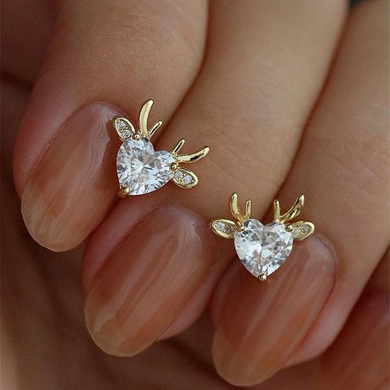 Huitan Cute Elk Stud Earrings with Bright Heart Zirconia Graceful Gold Color Accessories Delicate Party Jewelry