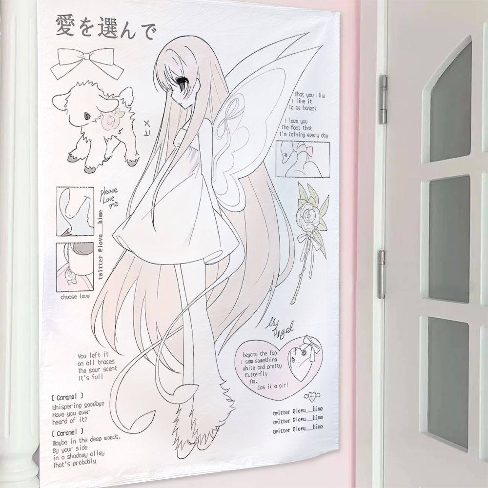 VIKAMA Japanese Sweet Angel Tapestry Line Art Style Anime Girl Illustration Wall Hanging for Bedroom Girls' Room Dorm Decor