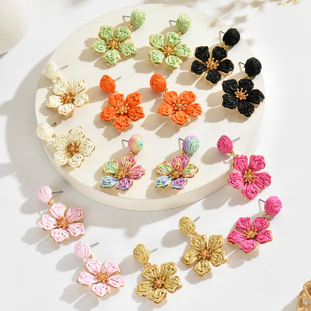 Bohemia Summer Elegant Raffia Flower for Women Girls Multi-color Handmade Sweet Rattan Knit Dangle Earrings Party Jewelry