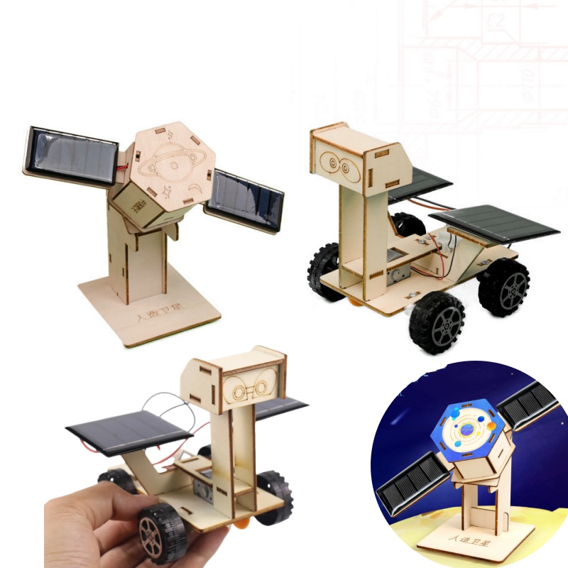 DIY solar energy Artificial satellite aerospace/ ground exploration rover model Kids assembling physical 3D wooden puzzle toys