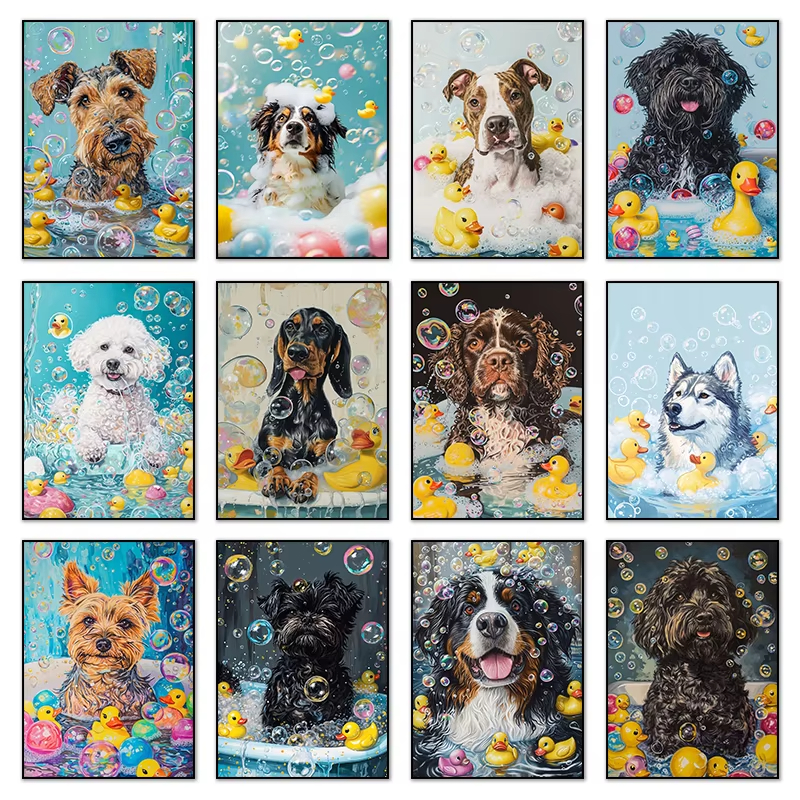 Funny Animal Bathing Posters Dogs HD Pictures Canvas Paintings Wall Art For Bathroom Washroom Decor