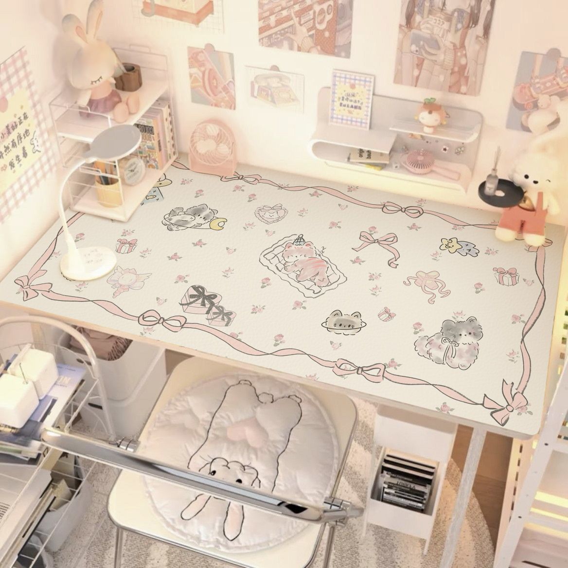 Cute Bunny Elegant Floral Leather Mouse Pad Office Desk Mouse Pad Computer Speed Type Carpet Mat Player Laptop Keyboard Cartoon