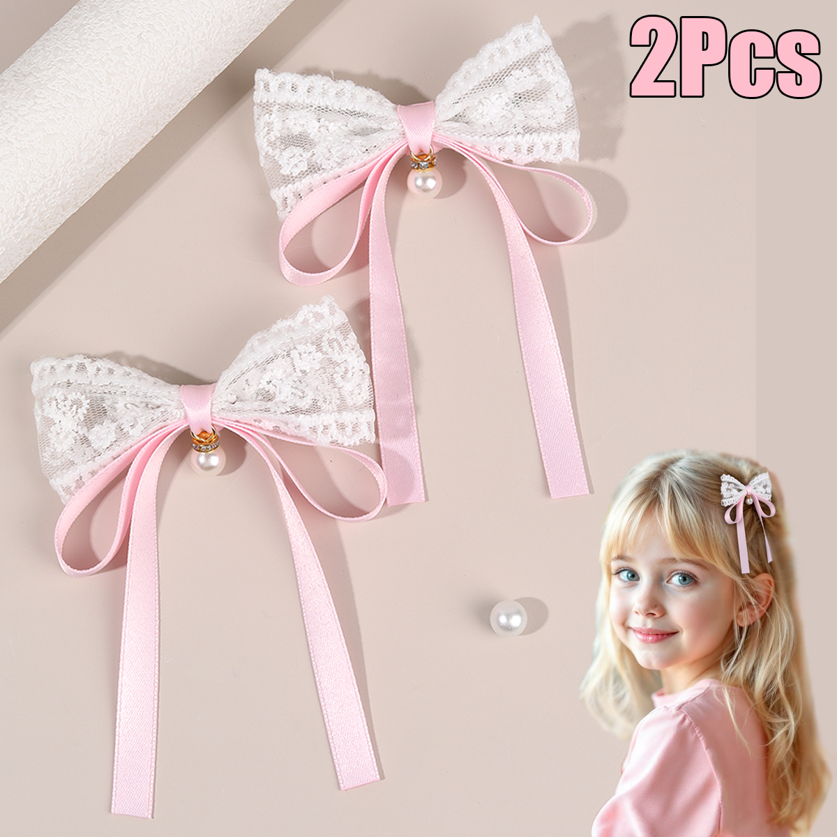 2Pcs Korean Lace Bow Hair Clips Sweet Pearl Pendant Pink Hairpins Flower Barrette For Girls Children Headwear Accessories pen gpt