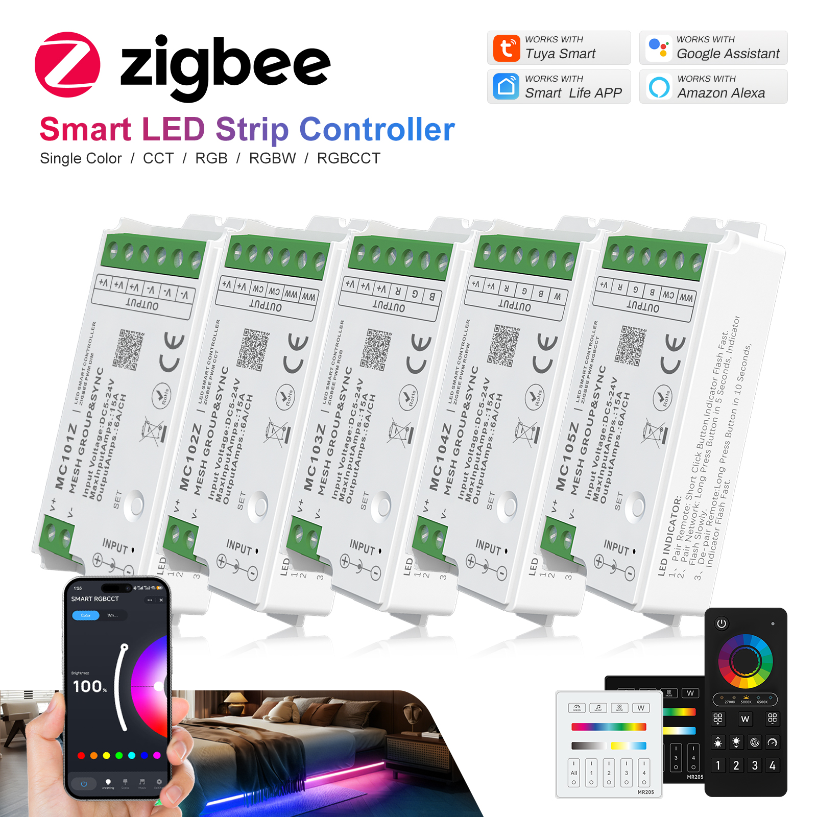 Tuya Zigbee Smart LED Strip Controller SPI Dimmer RGBCCT RGBW LED Light Controller 5-24V With Remote For LED Tape Lights lightify