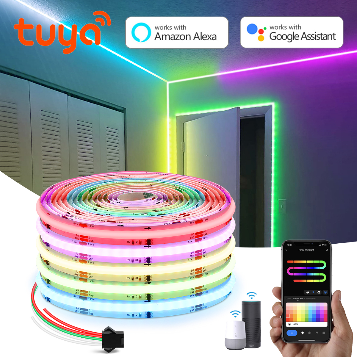 DC12V RGBIC Addressable Dearmcolor Neon LED Strip 1/2/3/5m Tuya WiFi Neon RGB COB Strip 576LEDs/m Ambient Light for Alexa/