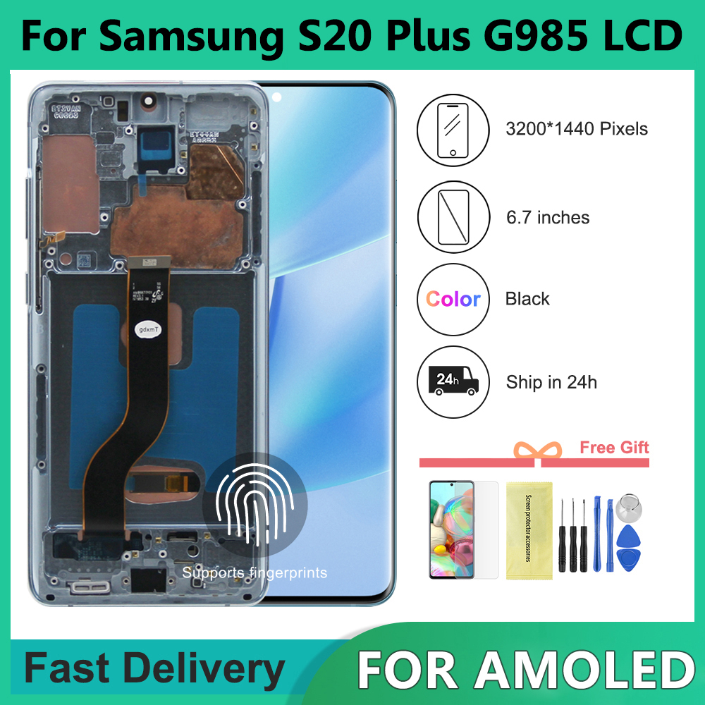 For AMOLED S20 Plus Screen Replacment for S20+ G985 G985F G985F/DS LCD Display Touch Screen with Frame Assembly