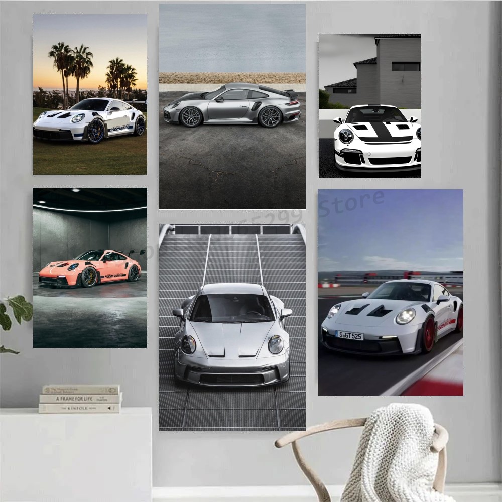 1pc Fashion German Luxury Sports Car 911 GT3 RS Black And White Poster Self-adhesive Art Waterproof Paper Sticker Wall Decor