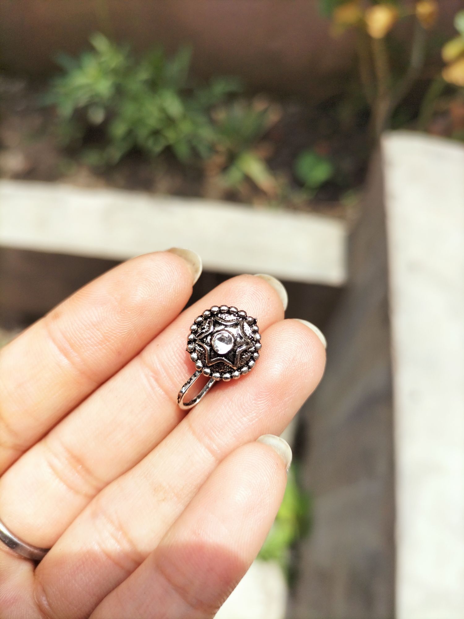 Silver Oxidized Star Design With White Crystal Nose Ring For Women