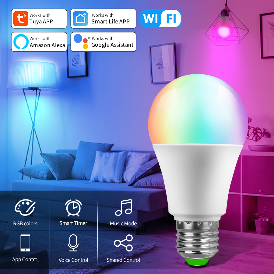 AC 220V 110V Smart WiFi LED Bulb E27 10W 15W 20W Alexa LED Lamp Tuya Smart Life App Works with Google Assistant White Warm RGB