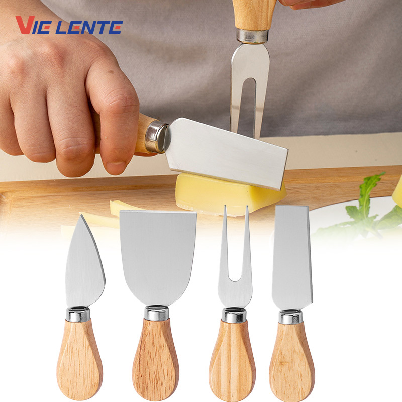 4pcs/set Wood Handle Sets Bard Set Oak Bamboo Cheese Cutter Knife SlicerCheedse Cutter Useful Cooking Tools Kit Kitchen