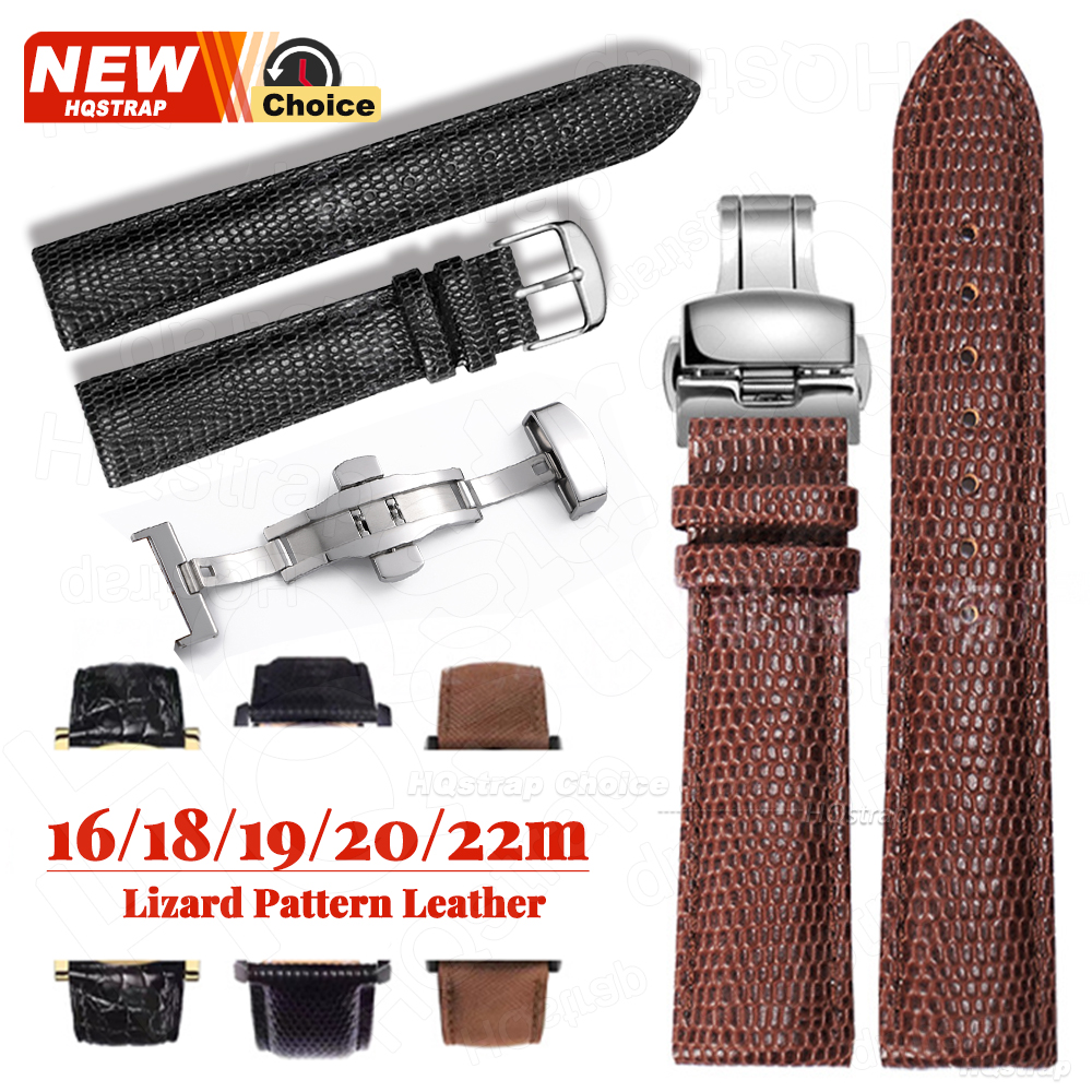1/2pcs Butterfly Clasp Watchband 16mm 18mm 19mm 20mm 22mm Lizard Pattern Leather WatchStrap Women Men Bracelets with Pin Buckle