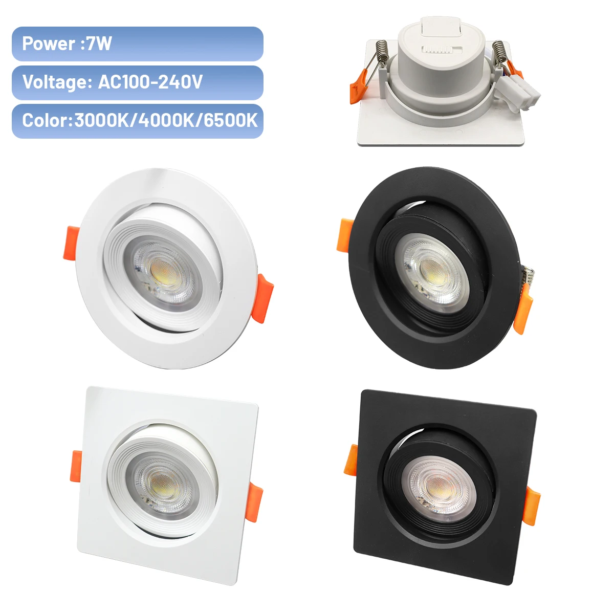 Adjust 90° Lighting Ceiling Spotlight LED Change Color 3 CCT 3000K 4000K 6000K LED Embedded Light 7W AC 110V 220V Spot
