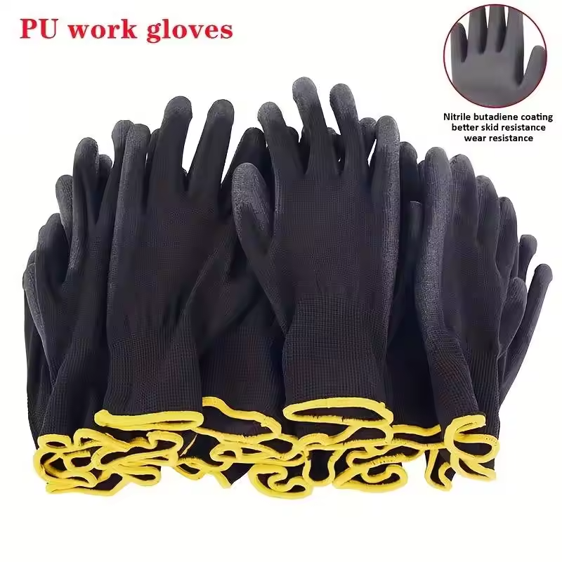 5 Pairs Black Coated Nylon PU Gloves Durable Anti Slip Gloves With Elastic Full Palm Coating Woodworking Automotive Repair