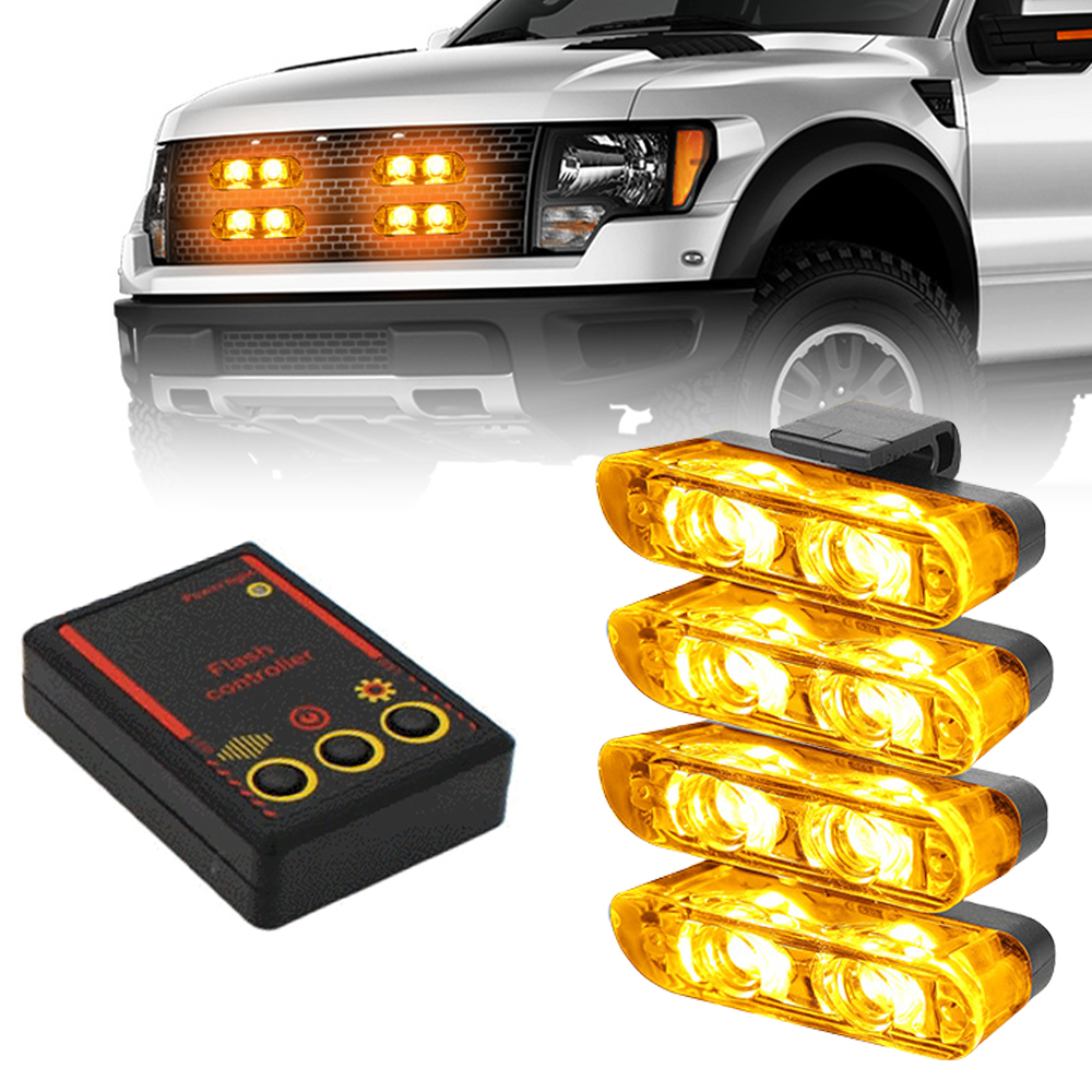 4x 3 LED Grill Car LED Strobe Light Red Blue Yellow Emergency Flashing Signal Fireman Police Beacon Warning Lamp 12V